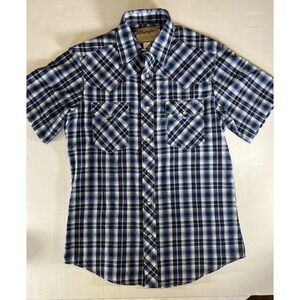 Wrangler Men's‎ Western Shirt Medium Blue/Black Plaid Short Sleeve Pearl Snap